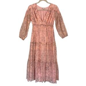 Banjanan Peach Paisley‎ Boho Maxi Dress Sheer Tiered Lined Viscose S Cottagecore